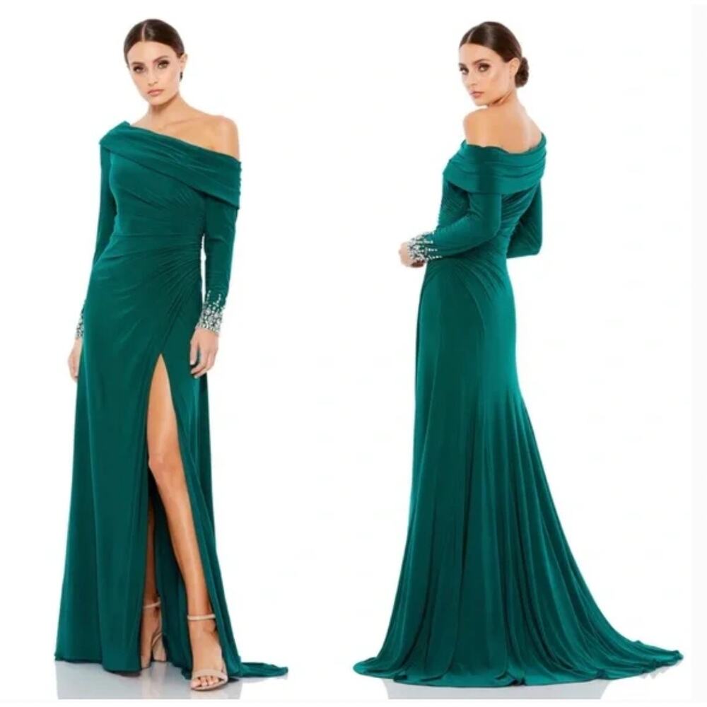 Mac Duggal Teal Off-Shoulder Maxi Dress